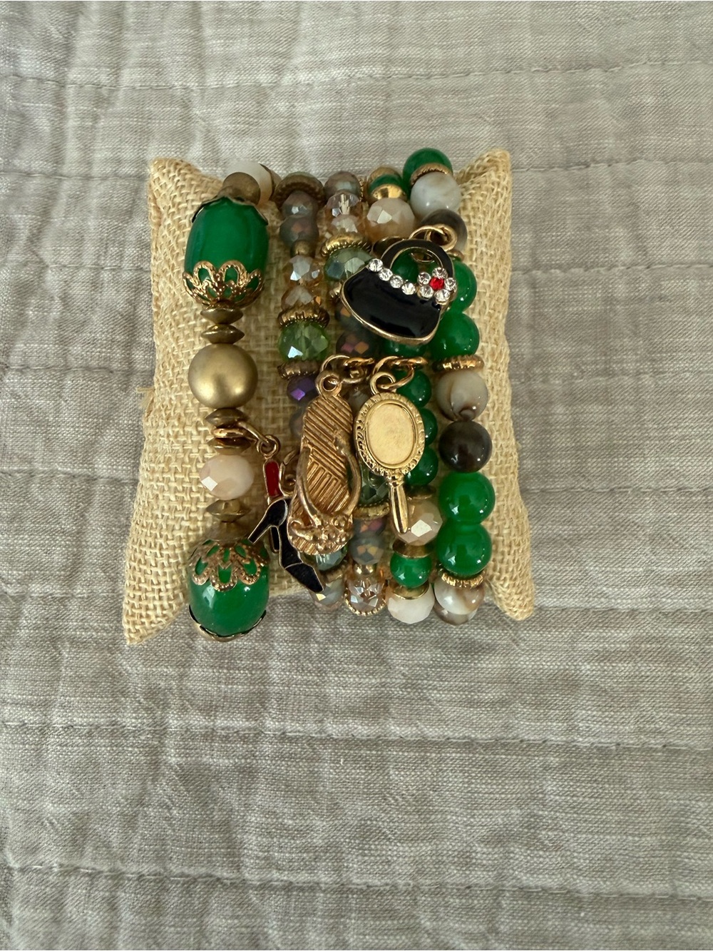 Green Beaded Charm Bracelet Stack - Set of 5- women’s jewelry